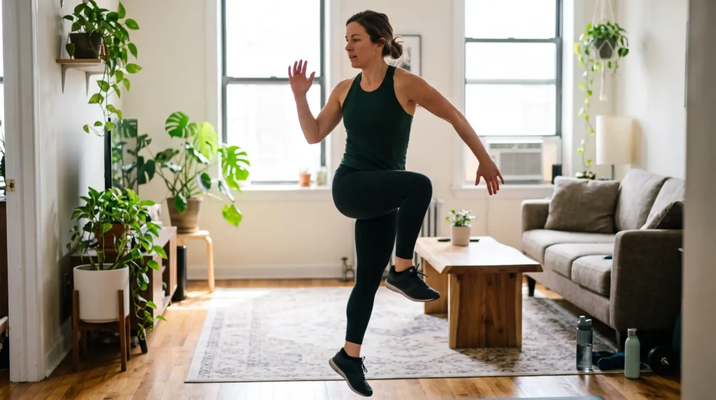 Woman performing a step-back reverse lunge into a knee drive at home for glute toning and leg circulation