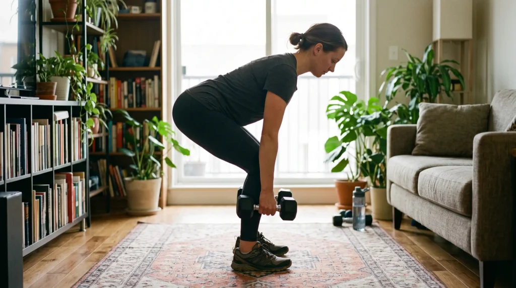 Woman doing dumbbell Romanian deadlifts at home to tighten hamstrings and reduce cellulite on the back of thighs