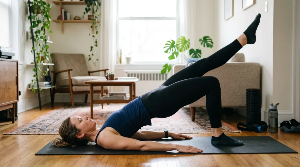 Woman performing a single-leg glute bridge on a yoga mat at home to lift buttocks and smooth cellulite