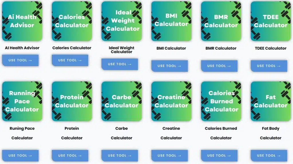 Free calculator tools dashboard showing BMI, BMR, and calorie calculators for fitness tracking