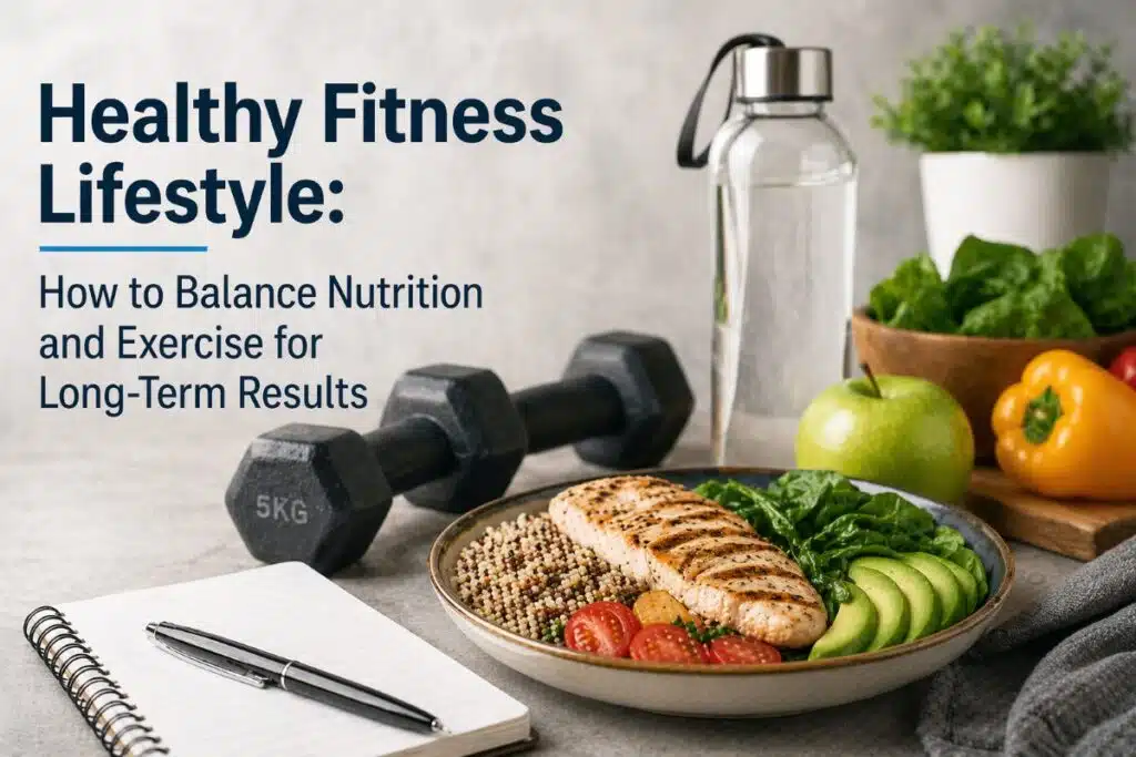 Health and fitness dashboard showing gym workouts, body balance, nutrition tracking, and lifestyle wellness overview.
