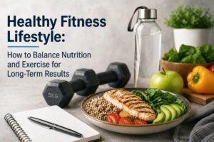 Health and fitness dashboard showing gym workouts, body balance, nutrition tracking, and lifestyle wellness overview.