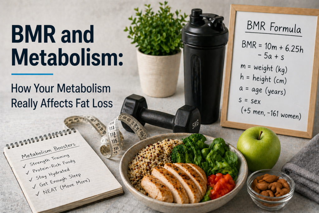 Health and fitness dashboard showing gym body training, lifestyle balance, nutrition tracking, and BMR metabolic rate insights.