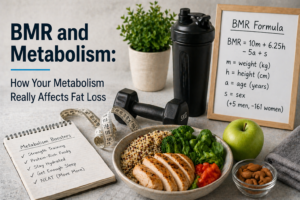 Health and fitness dashboard showing gym body training, lifestyle balance, nutrition tracking, and BMR metabolic rate insights.