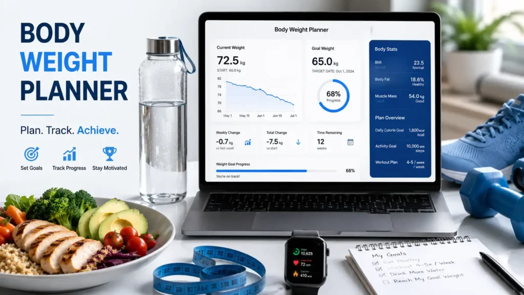 body weight planner dashboard showing calorie tracking weight goals and fitness progress