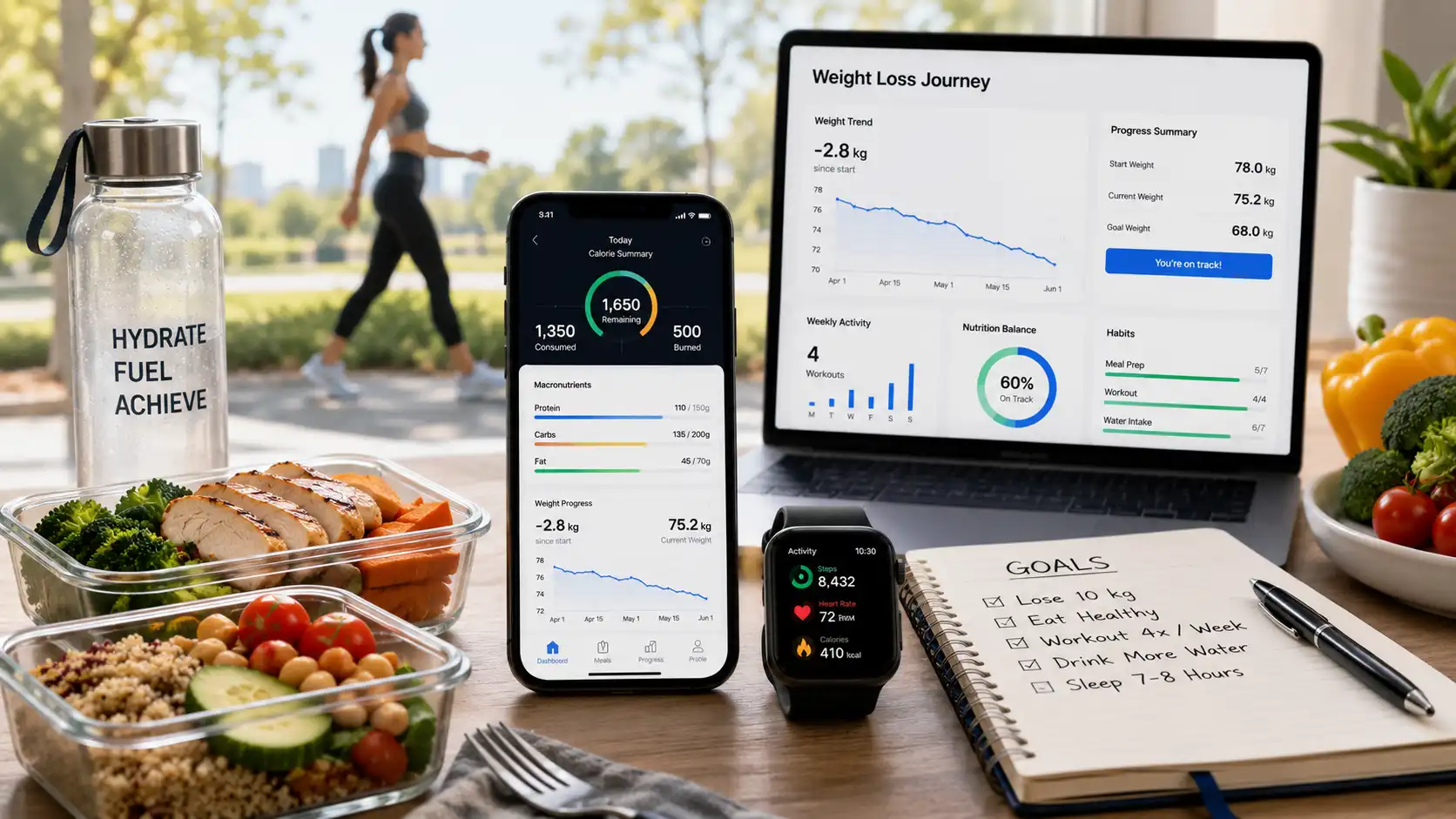 body weight planner dashboard showing calorie tracking and fitness goals progress