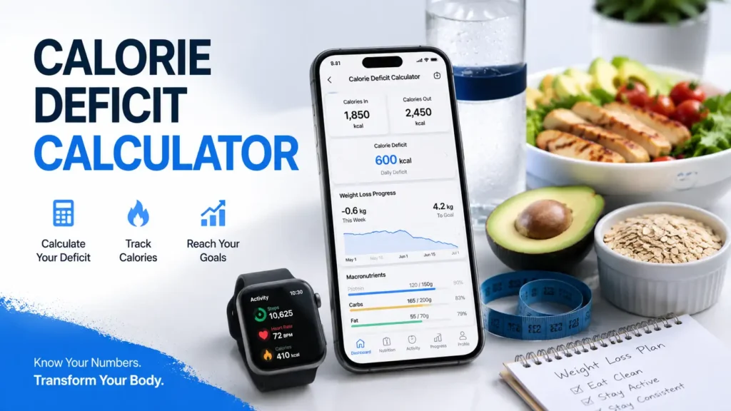 Calorie deficit calculator dashboard with healthy food and fitness tracker