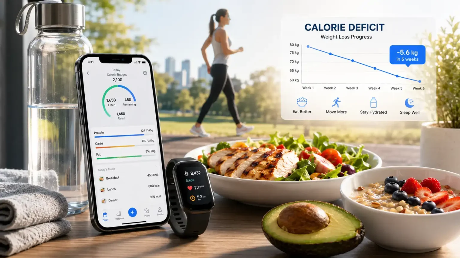 Calorie deficit calculator dashboard with healthy food and fitness tracker