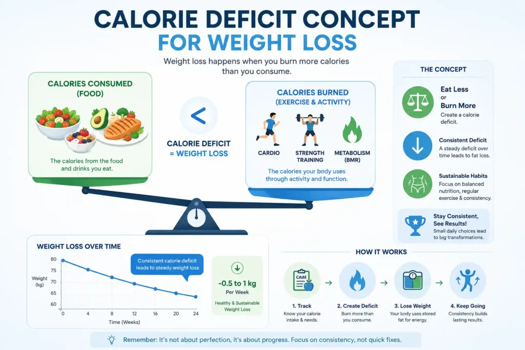 How to Use a Calorie Deficit Calculator to Lose Weight Fast Simple infographic showing calorie deficit concept with calories in vs calories out and weight loss progress chart
