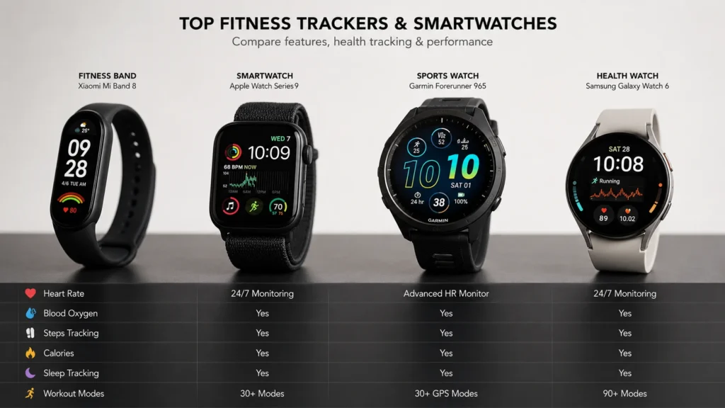 Best Fitness Tracker in 2026: Top Picks for Every Goal 2 comparison of smartwatches and fitness trackers showing health tracking features