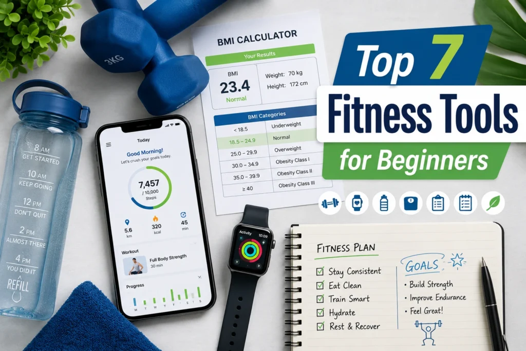 Flat lay fitness setup with smartphone fitness app, BMI calculator, smartwatch, dumbbells, water bottle, and notebook for beginners fitness tools article