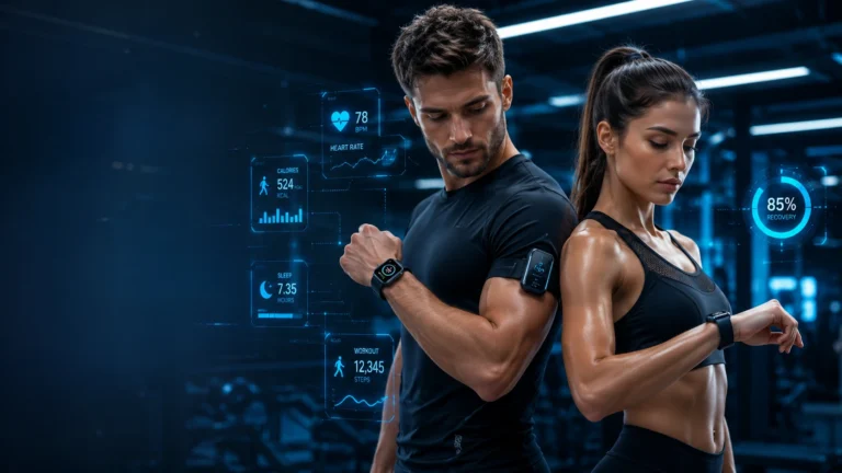 athletes wearing smart fitness trackers in modern gym with health data overlay