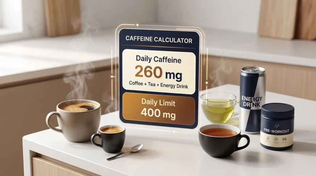 Caffeine Calculator showing daily caffeine intake from coffee tea and energy drinks