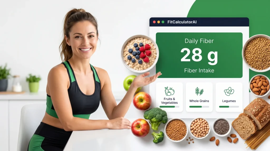Fiber Intake Calculator showing daily fiber needs and high fiber foods