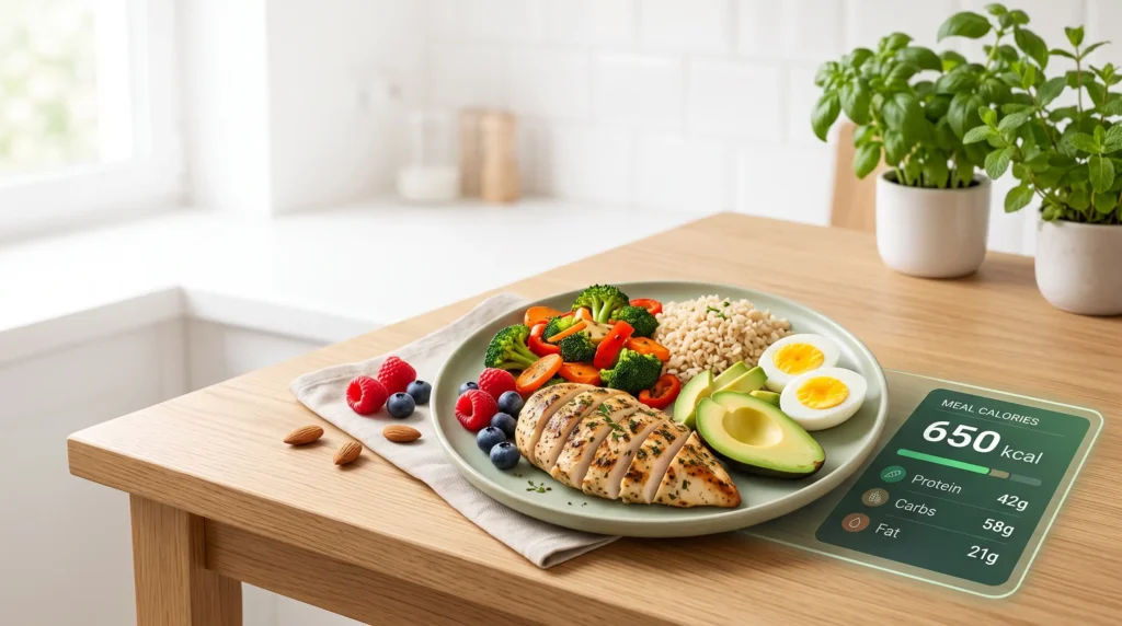 Meal Calorie Calculator showing calories and macronutrients in a healthy meal