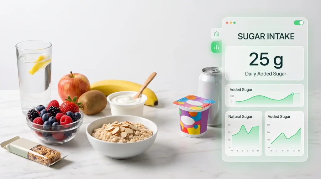Sugar Intake Calculator showing daily added sugar and nutrition information