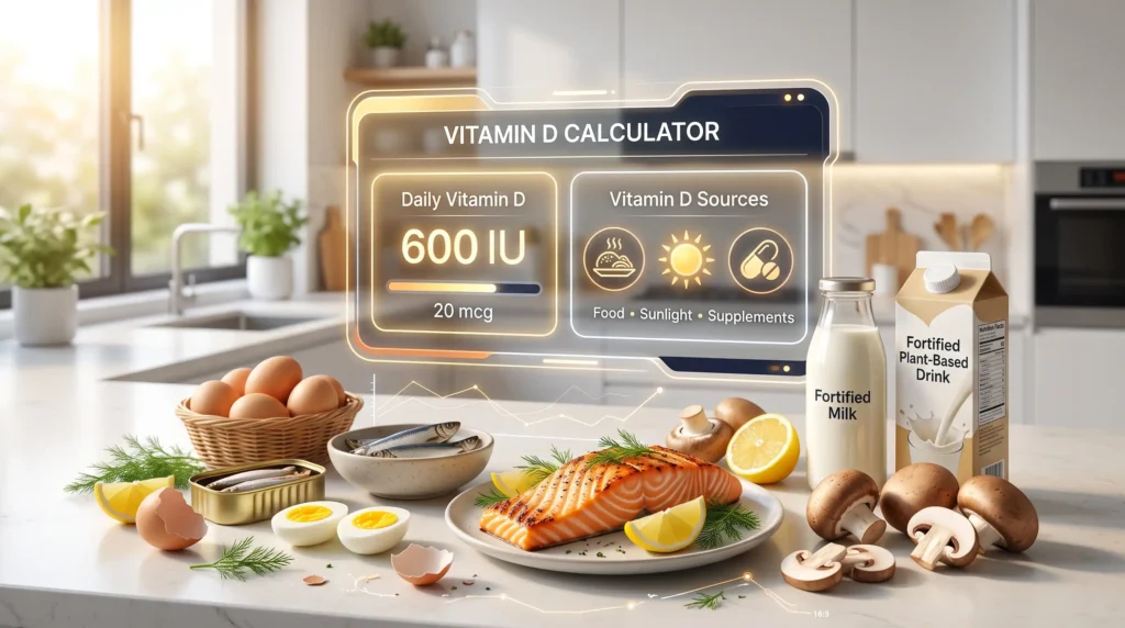 Vitamin D Calculator showing daily vitamin D needs and food sources