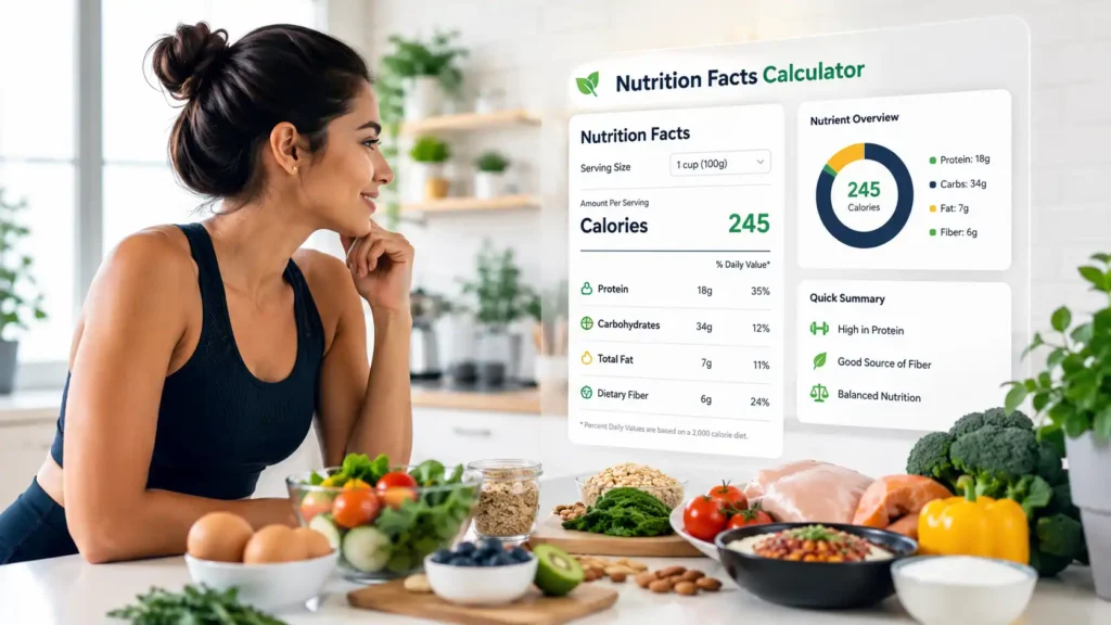 Nutrition Facts Calculator showing calories protein carbohydrates fat and fiber