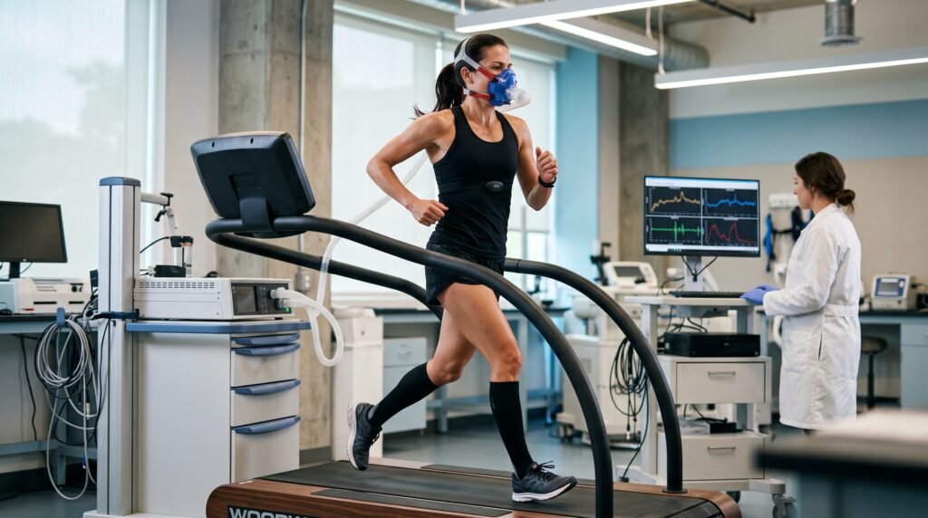 Athlete performing a VO₂ max treadmill test to measure aerobic fitness
