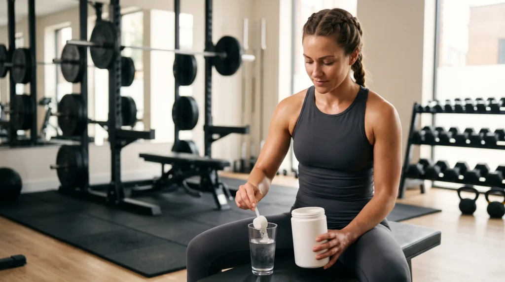 Woman taking creatine as part of a strength training routine