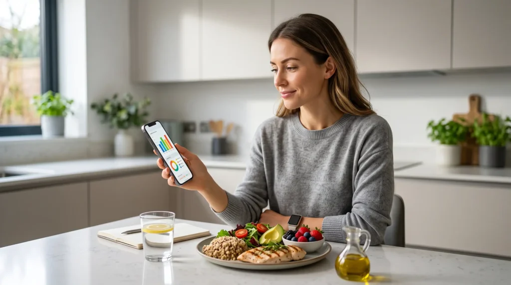 Healthy adult planning daily calorie needs with a balanced meal