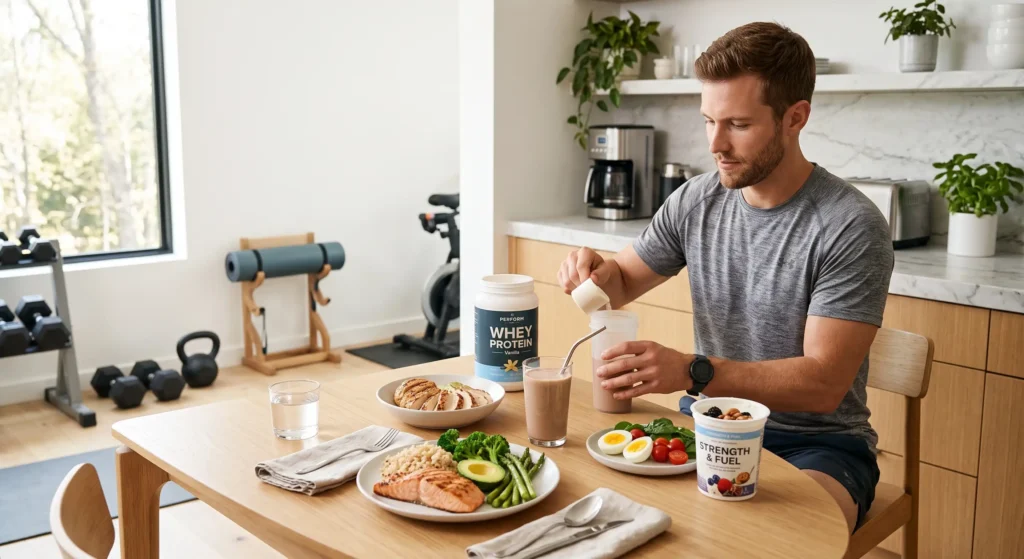 High-protein meal for muscle building with chicken eggs Greek yogurt and protein shake