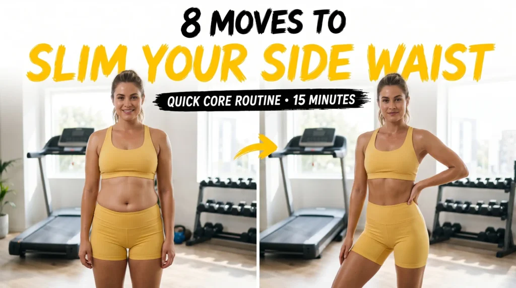 Before and after transformation of a fit woman showing a slim and toned side waist after a 15-minute core routine.
