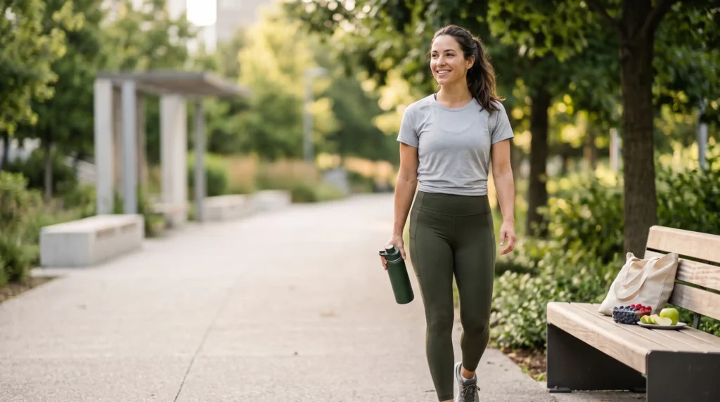Person following a healthy lifestyle with exercise and nutritious food